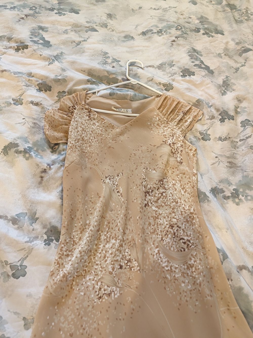 Neutral Beige Printed Midi Dress with V-Neck